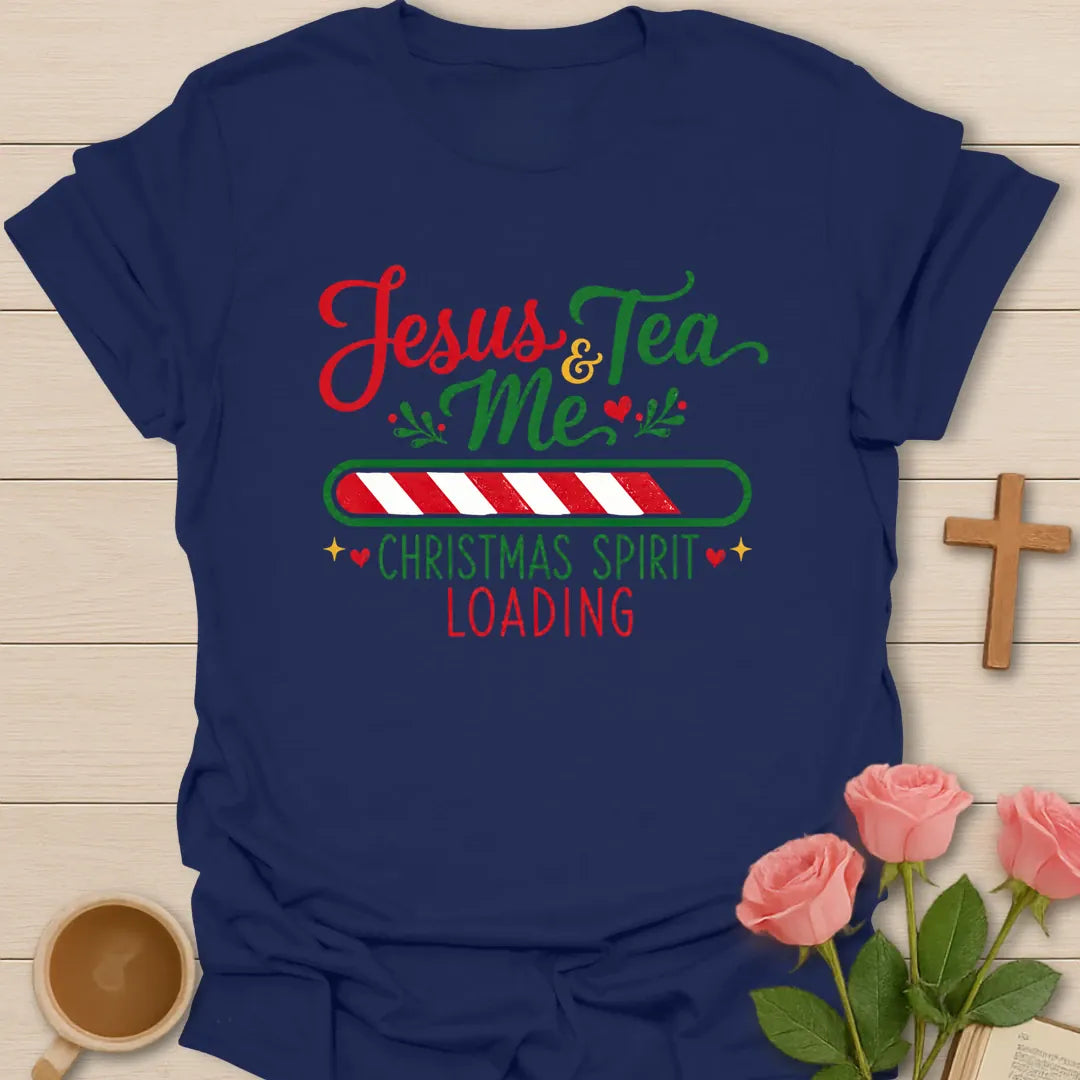 Christmas Spirit Loading Christian tea T-shirt with candy cane loading bar and Jesus Tea and Me text - Navy