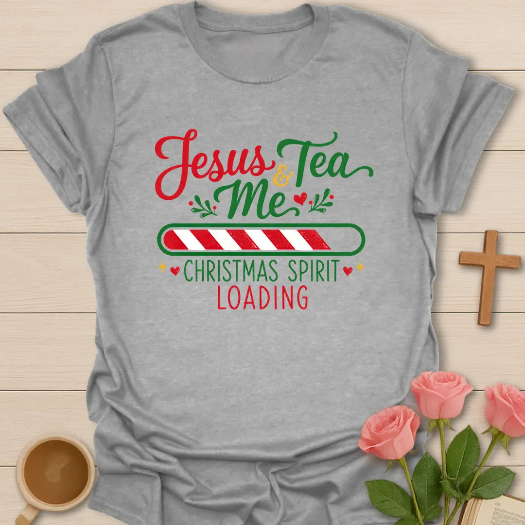 Christmas Spirit Loading Christian tea T-shirt with candy cane loading bar and Jesus Tea and Me text - Sport Grey
