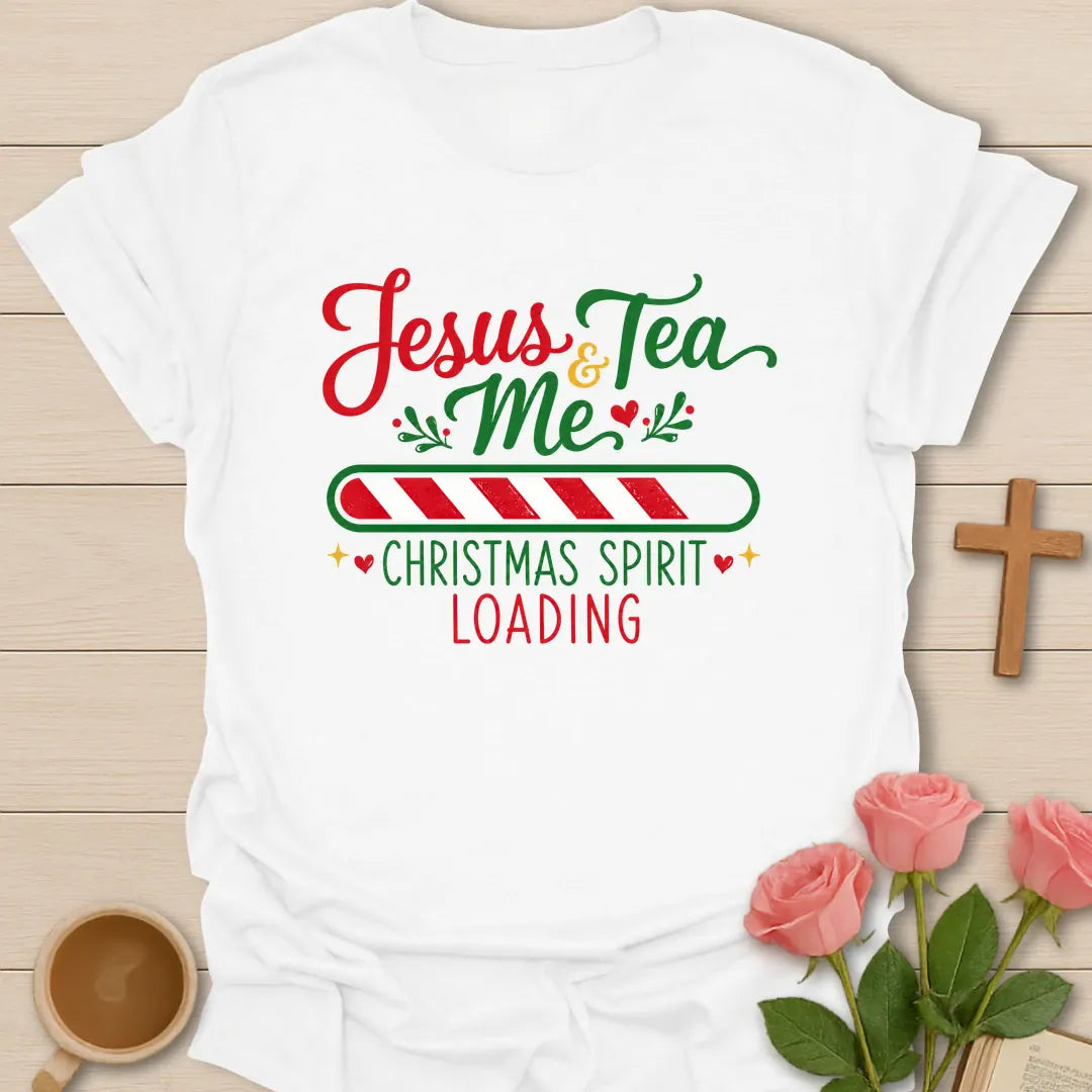 Christmas Spirit Loading Christian tea T-shirt with candy cane loading bar and Jesus Tea and Me text - White