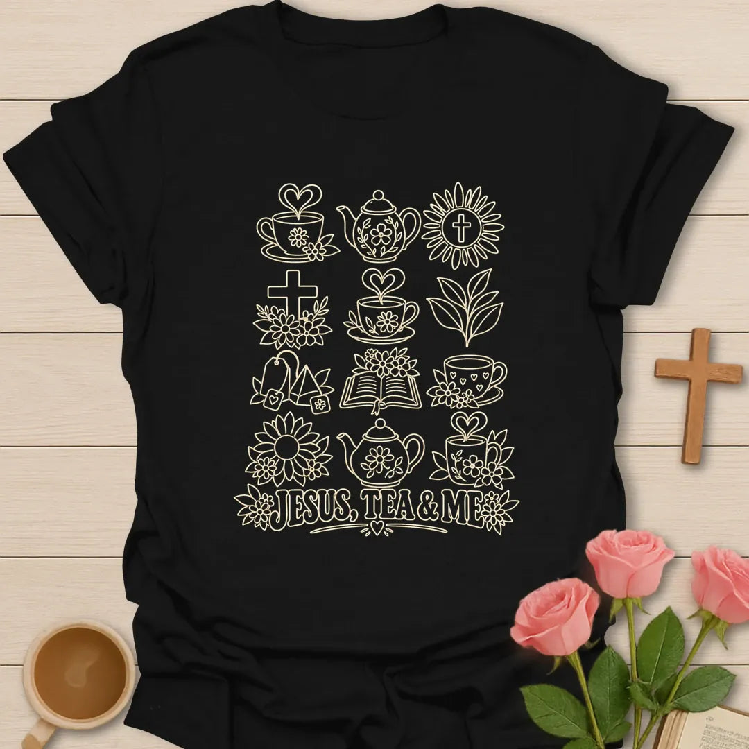 Christian tea lover shirt with faith-inspired lettering and teacup design. - Black