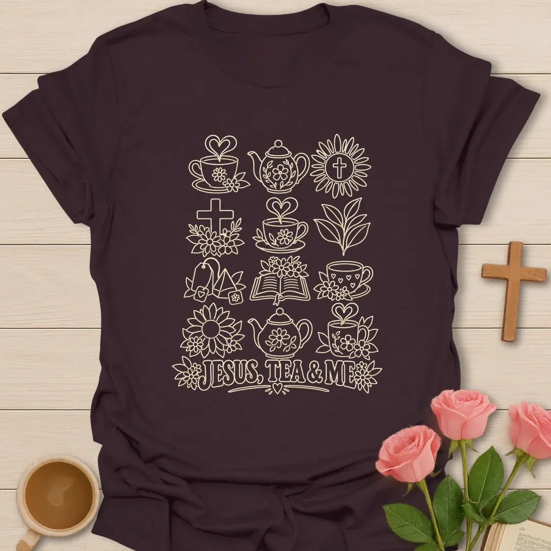 Christian tea lover shirt with faith-inspired lettering and teacup design. - Dark Chocolate