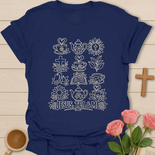 Christian tea lover shirt with faith-inspired lettering and teacup design. - Navy