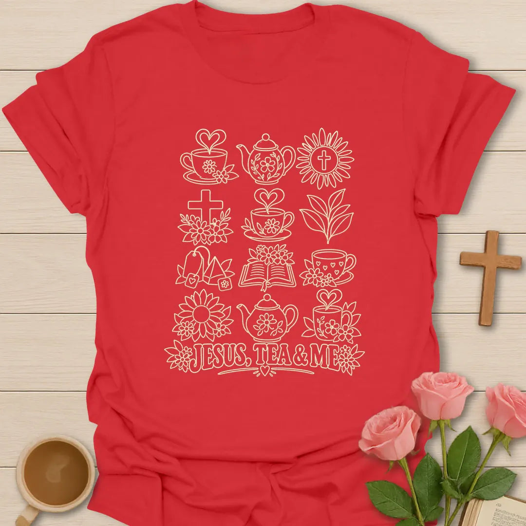 Christian tea lover shirt with faith-inspired lettering and teacup design. - Red