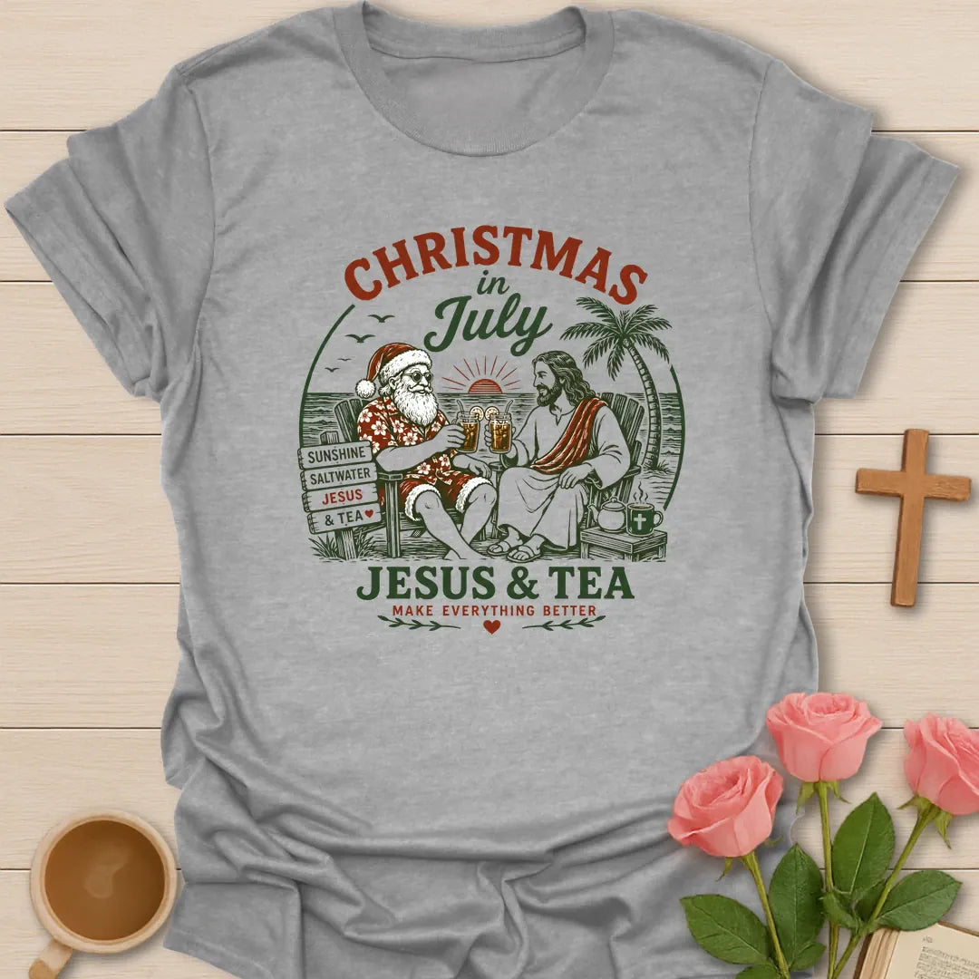 Christmas in July Christian shirt with tropical beach scene, palm trees, cross, and festive summer holiday design. - Sport Grey