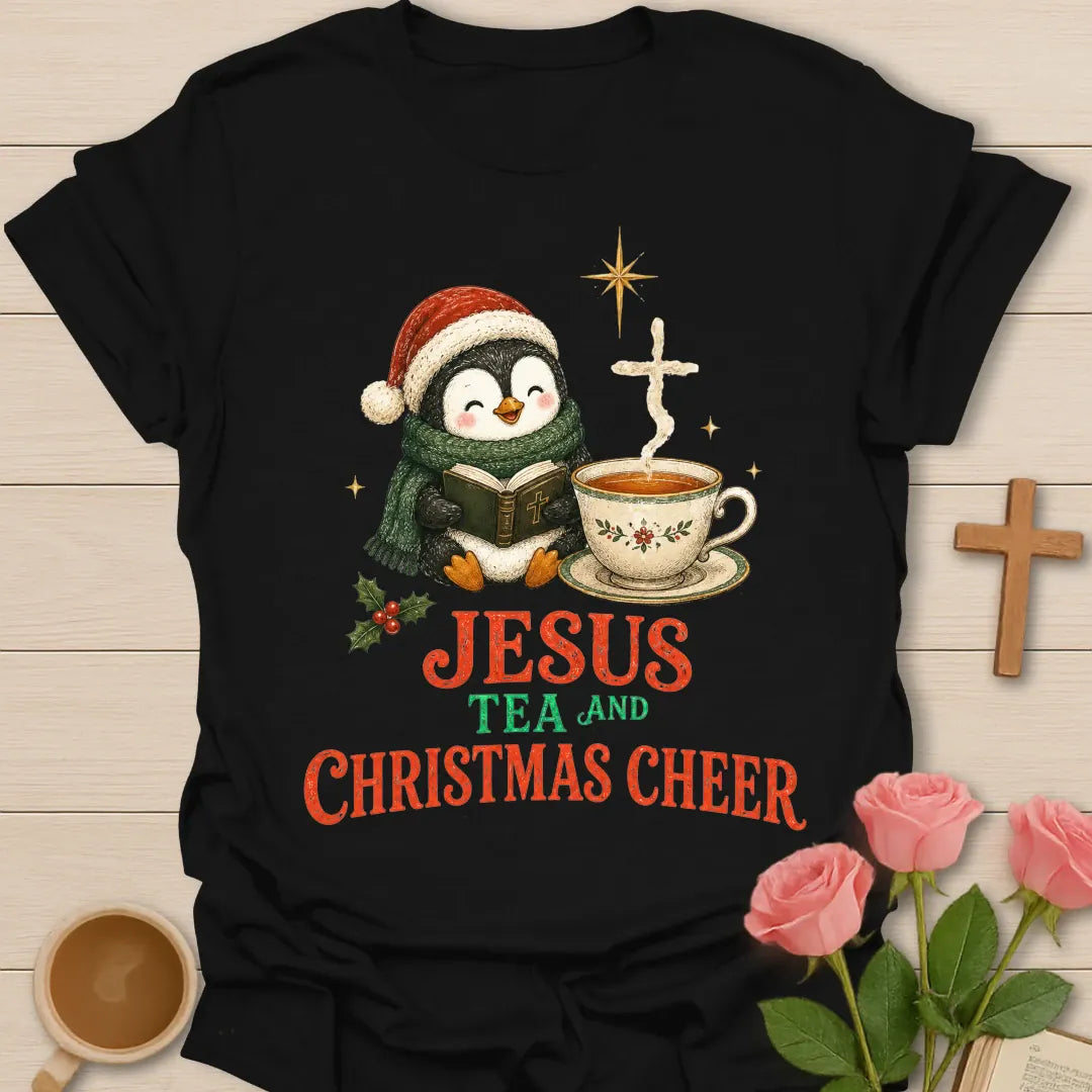 Christmas Penguin Cheer shirt with a festive penguin and warm cup - Black