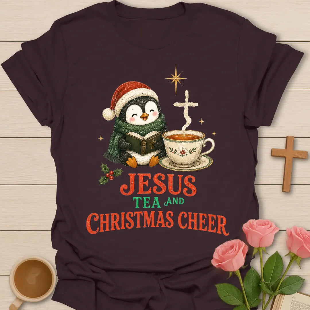 Christmas Penguin Cheer shirt with a festive penguin and warm cup - Dark Chocolate