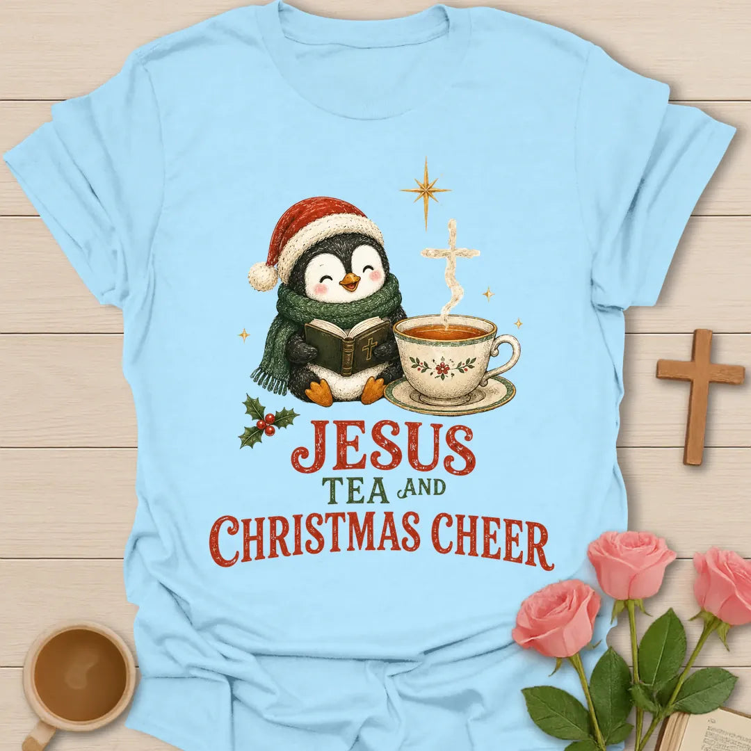 Christmas Penguin Cheer shirt with a festive penguin and warm cup - Light Blue