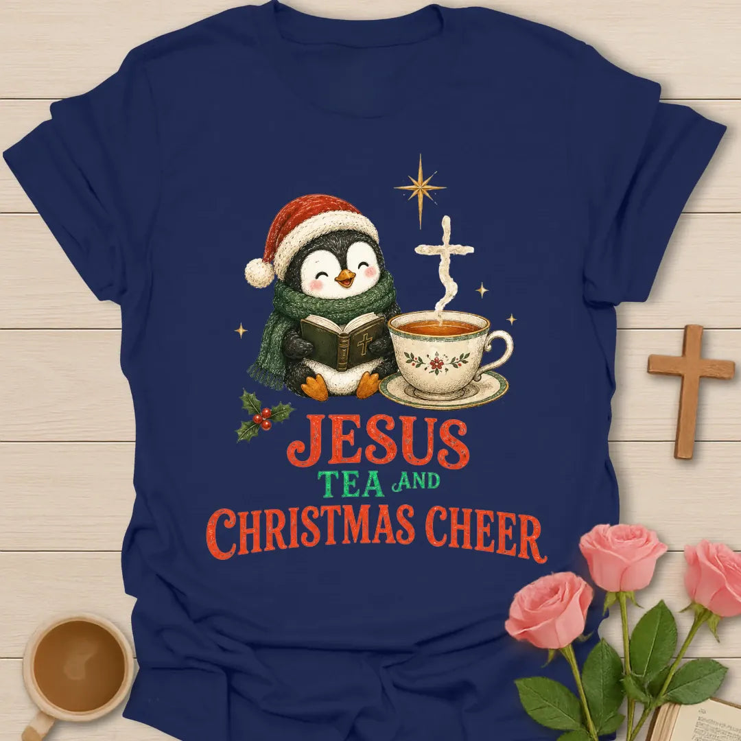 Christmas Penguin Cheer shirt with a festive penguin and warm cup - Navy