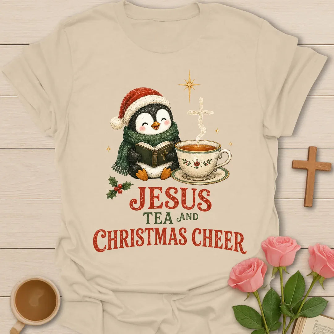 Christmas Penguin Cheer shirt with a festive penguin and warm cup - Sand
