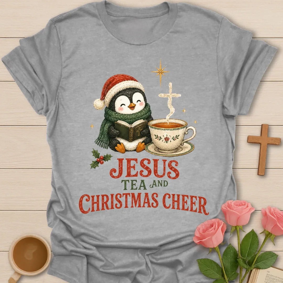 Christmas Penguin Cheer shirt with a festive penguin and warm cup - Sport Grey