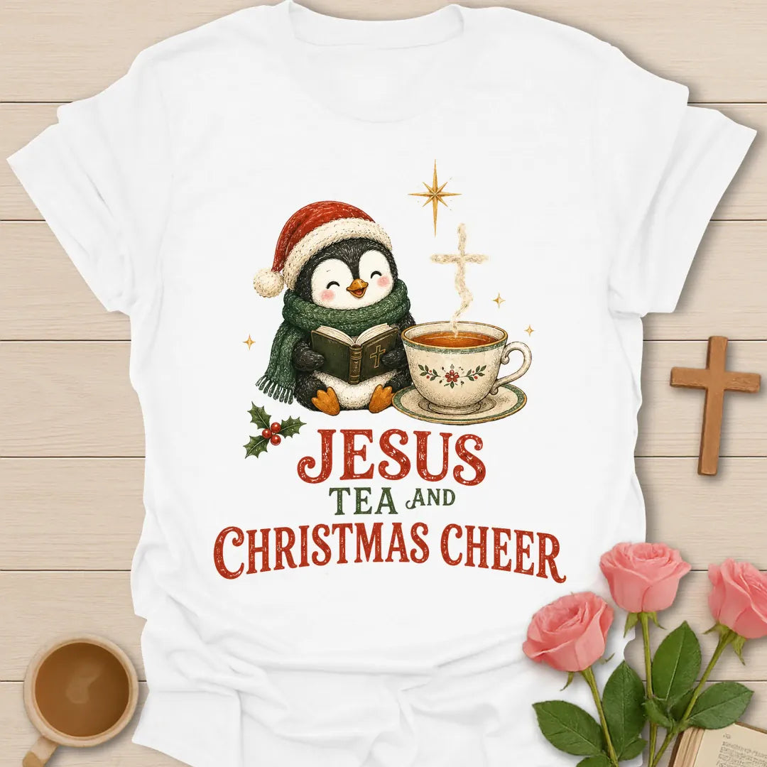 Christmas Penguin Cheer shirt with a festive penguin and warm cup - White