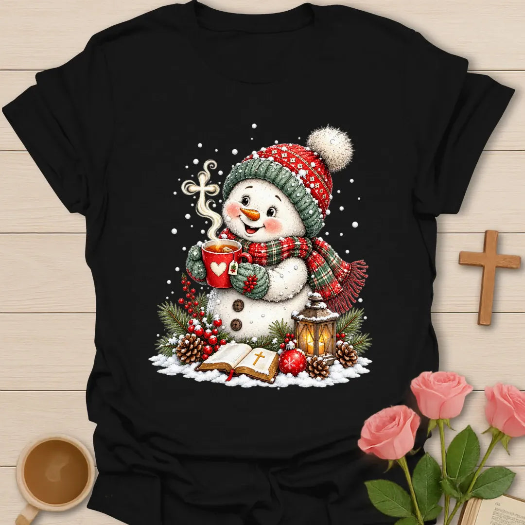 Christian Christmas snowman tea T-shirt with Bible steaming cross lantern and red teacup - Black