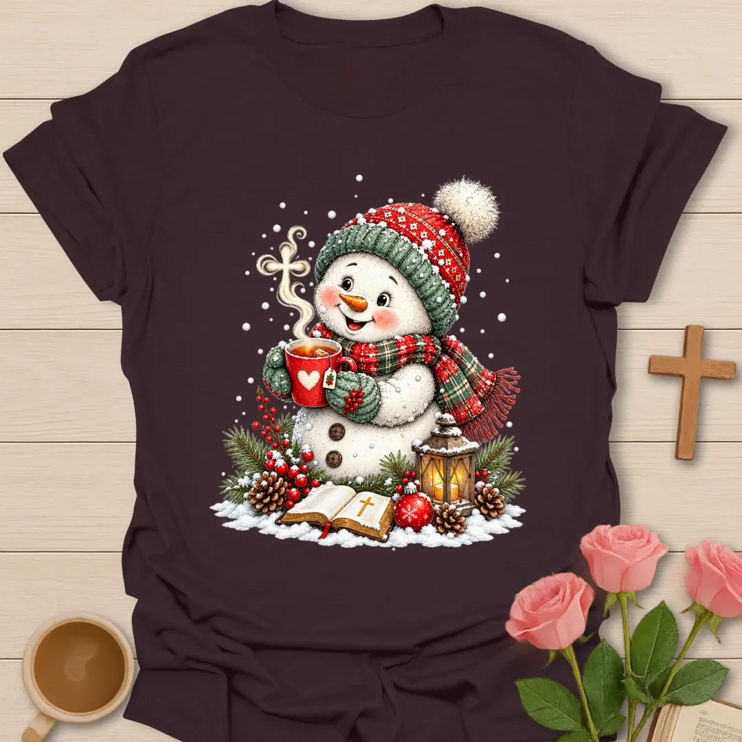 Christian Christmas snowman tea T-shirt with Bible steaming cross lantern and red teacup - Dark Chocolate