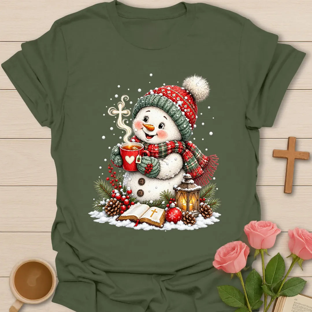 Christian Christmas snowman tea T-shirt with Bible steaming cross lantern and red teacup - Military Green