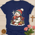 Christian Christmas snowman tea T-shirt with Bible steaming cross lantern and red teacup - Navy