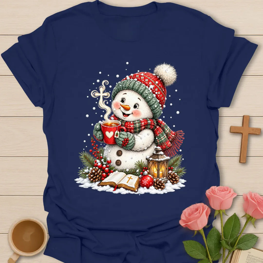 Christian Christmas snowman tea T-shirt with Bible steaming cross lantern and red teacup - Navy
