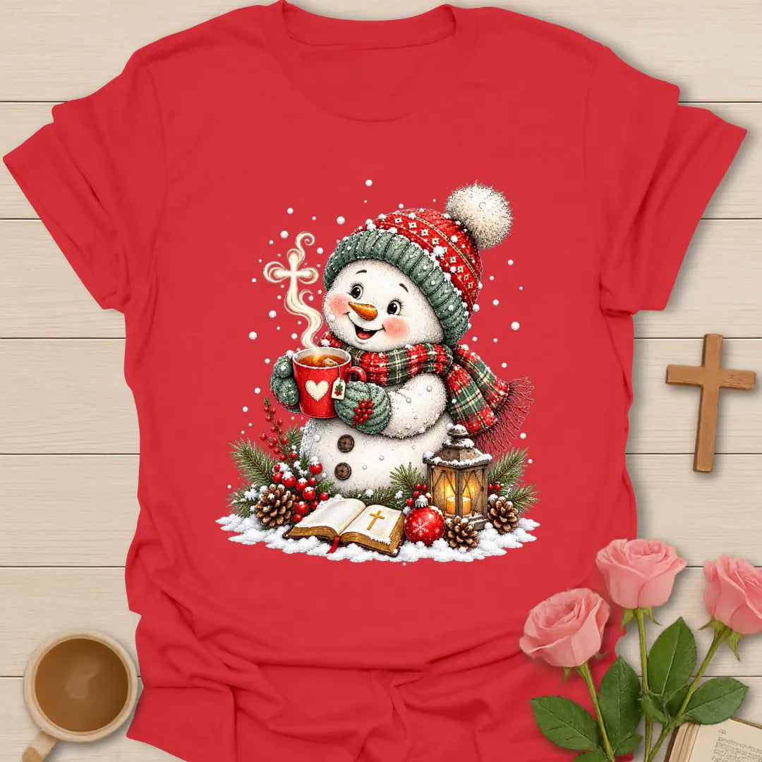 Christian Christmas snowman tea T-shirt with Bible steaming cross lantern and red teacup - Red