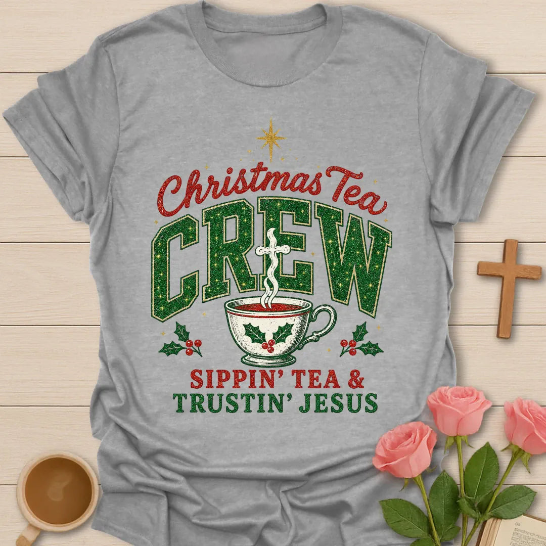 Christmas Tea Crew Sippin Tea and Trustin Jesus shirt with festive cup design - Sport Grey