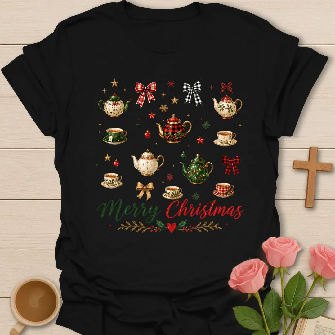 Christmas Tea Party T-shirt with festive teapots teacups bows and holiday ornaments - Black