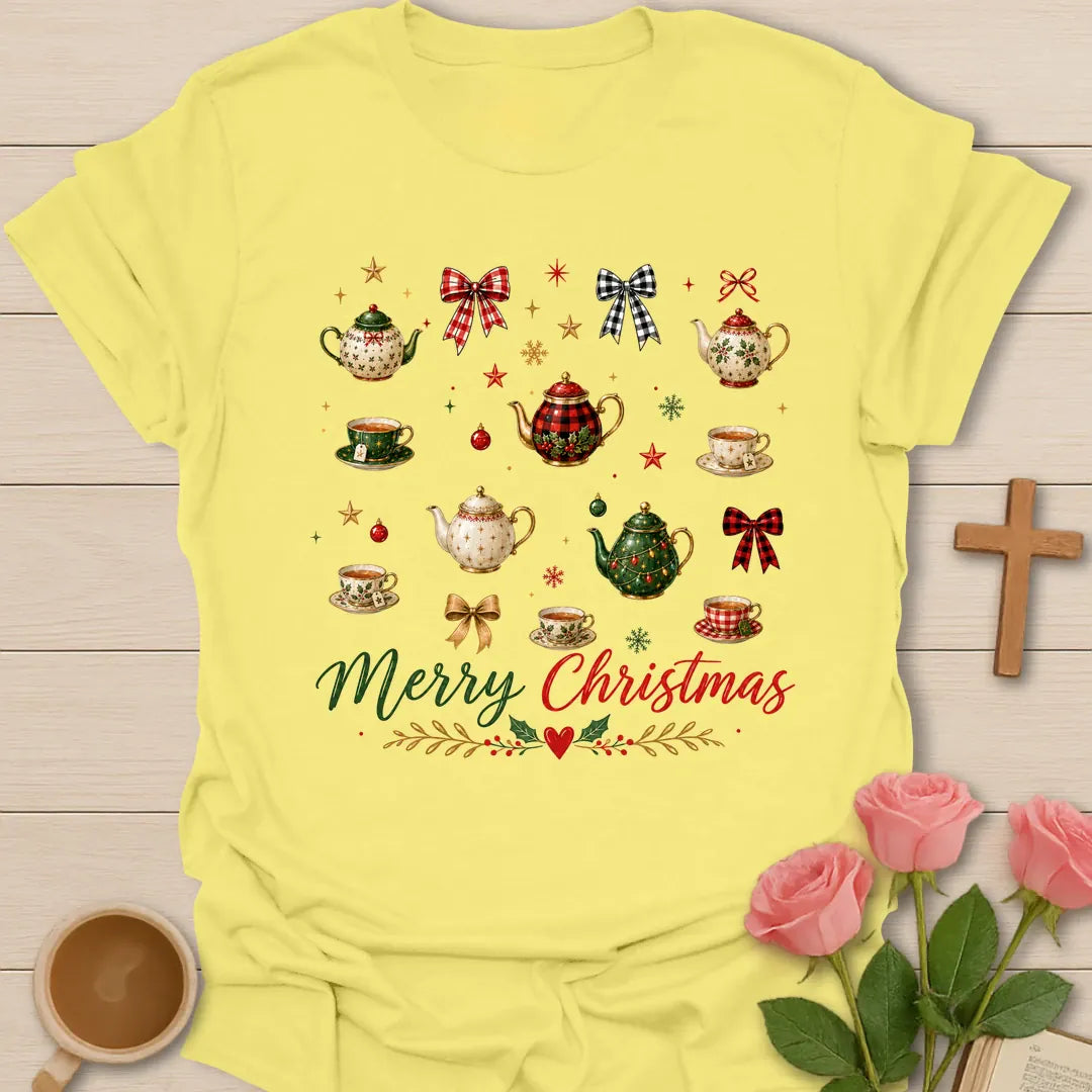 Christmas Tea Party T-shirt with festive teapots teacups bows and holiday ornaments - Cornsilk