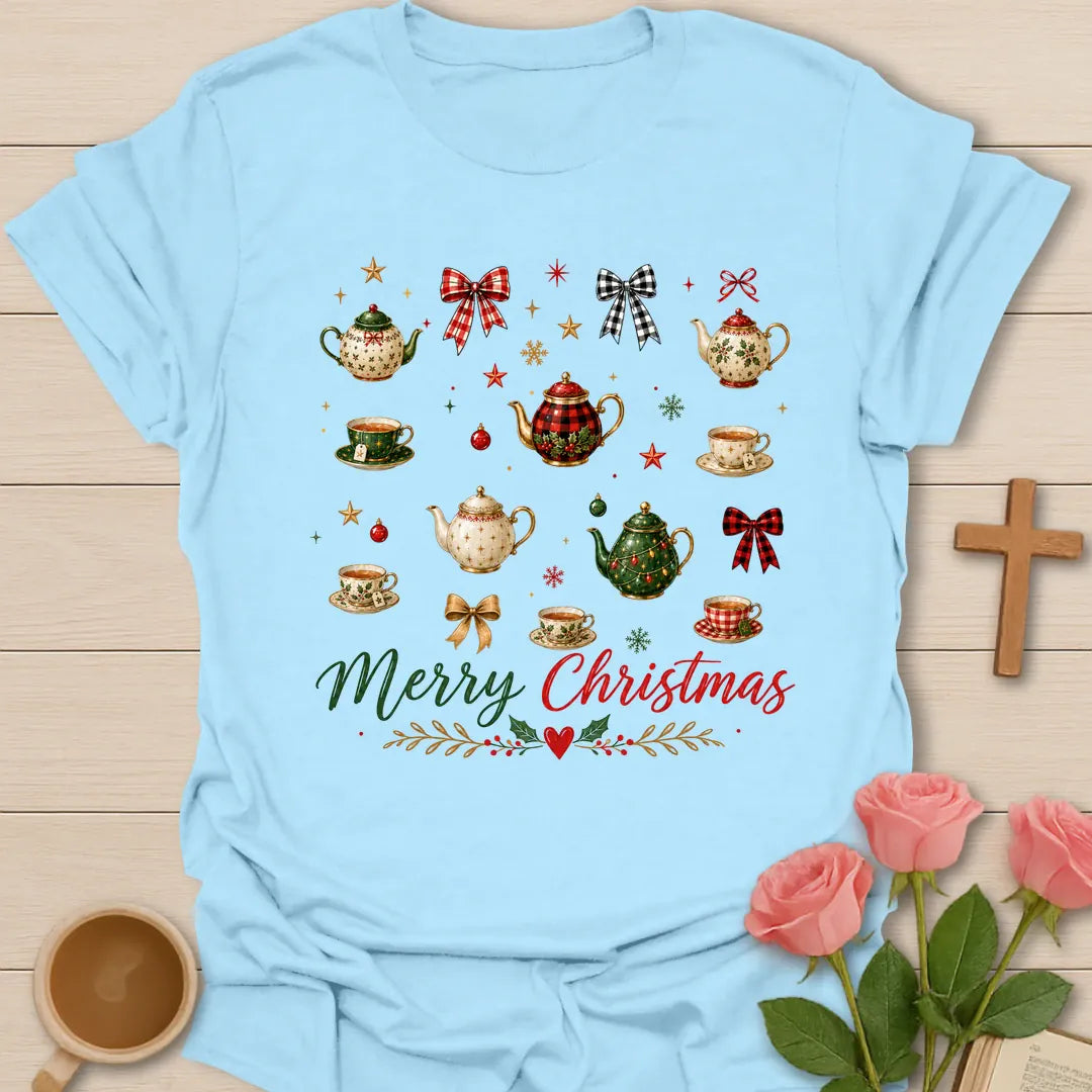 Christmas Tea Party T-shirt with festive teapots teacups bows and holiday ornaments - Light Blue