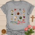 Christmas Tea Party T-shirt with festive teapots teacups bows and holiday ornaments - Sport Grey