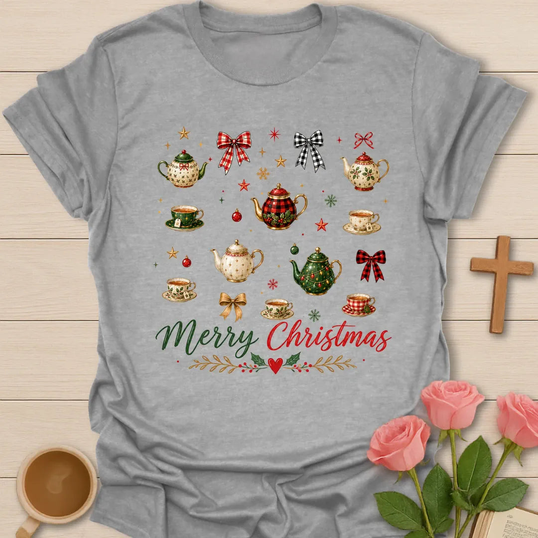 Christmas Tea Party T-shirt with festive teapots teacups bows and holiday ornaments - Sport Grey