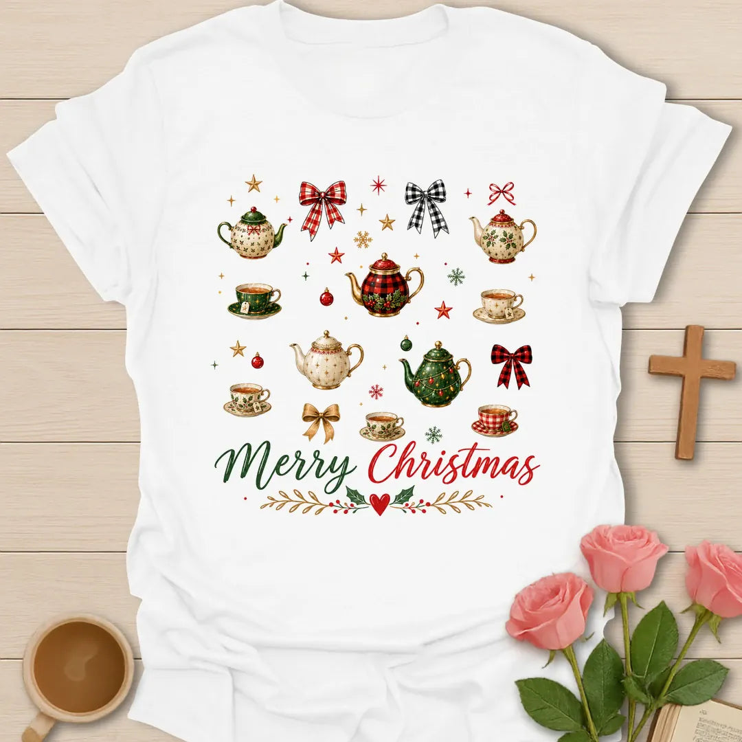 Christmas Tea Party T-shirt with festive teapots teacups bows and holiday ornaments - White