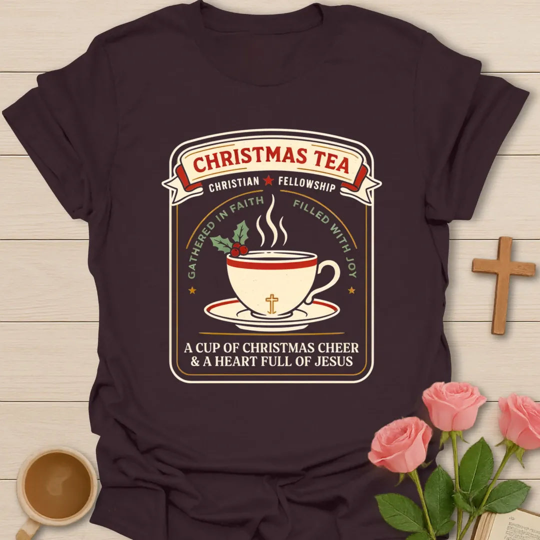 Christmas Tea Christian Fellowship badge t-shirt with a teacup, holly, and the words gathered in faith, filled with joy - Dark Chocolate