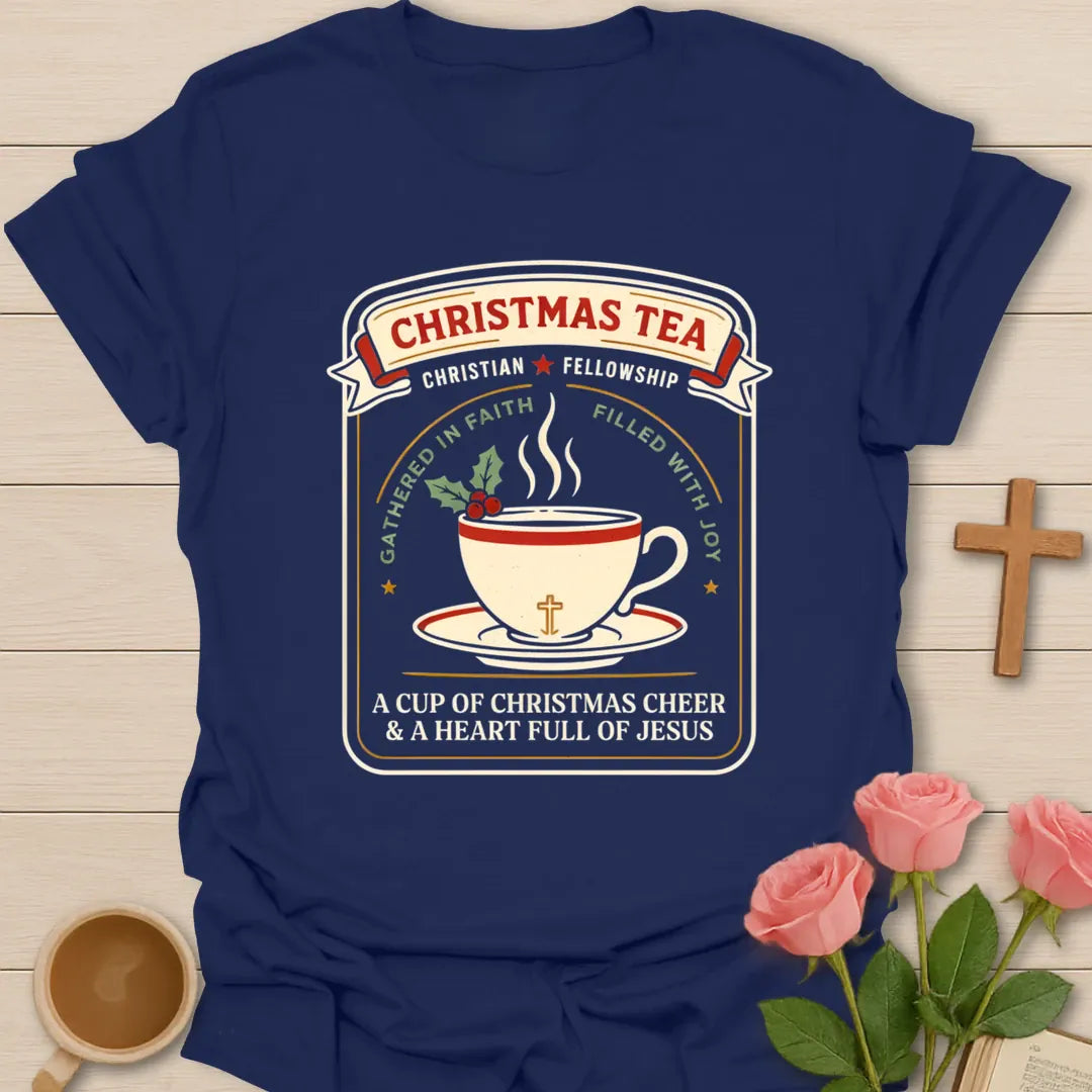 Christmas Tea Christian Fellowship badge t-shirt with a teacup, holly, and the words gathered in faith, filled with joy - Navy