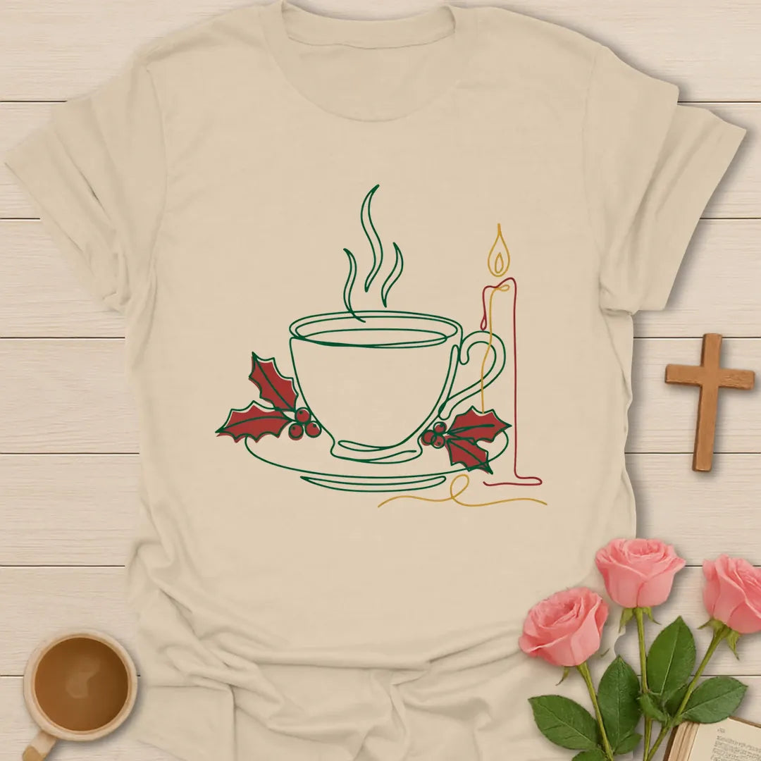 Christmas Tea Christian t-shirt with festive tea-inspired holiday design - Sand