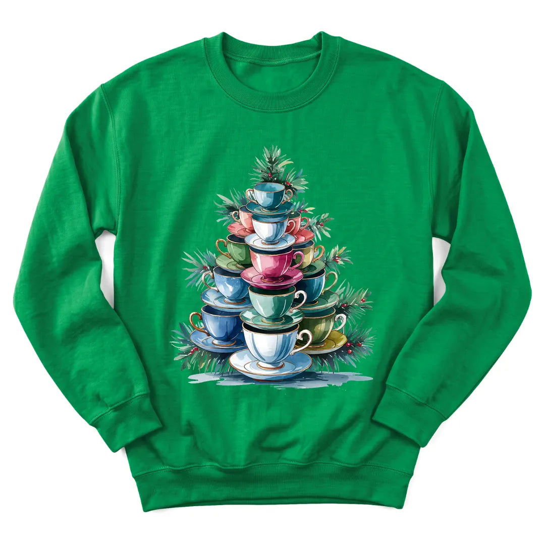 Christmas teacup tree sweatshirt with stacked teacups shaped like a tree - Irish Green