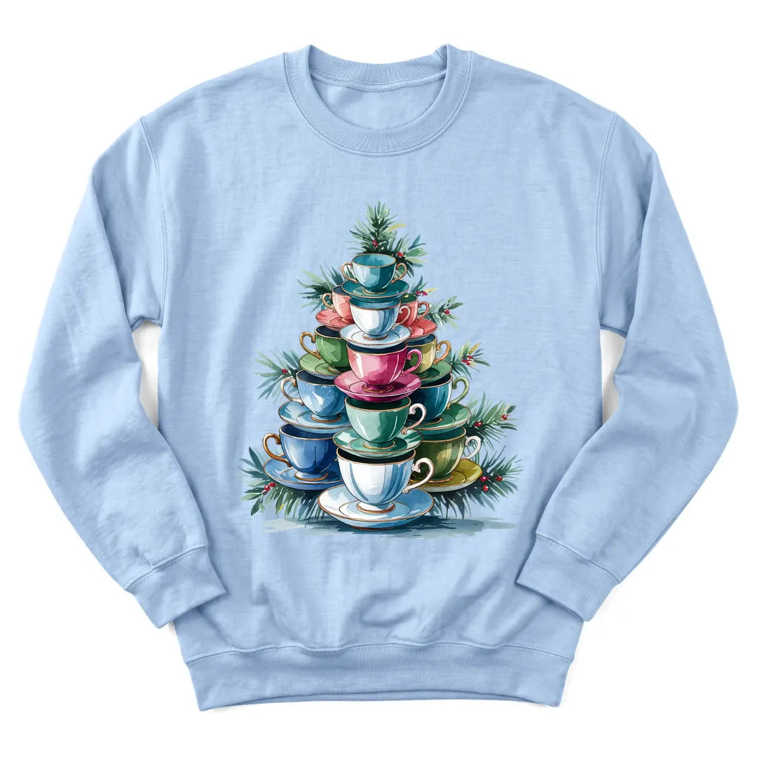 Christmas teacup tree sweatshirt with stacked teacups shaped like a tree - Light Blue