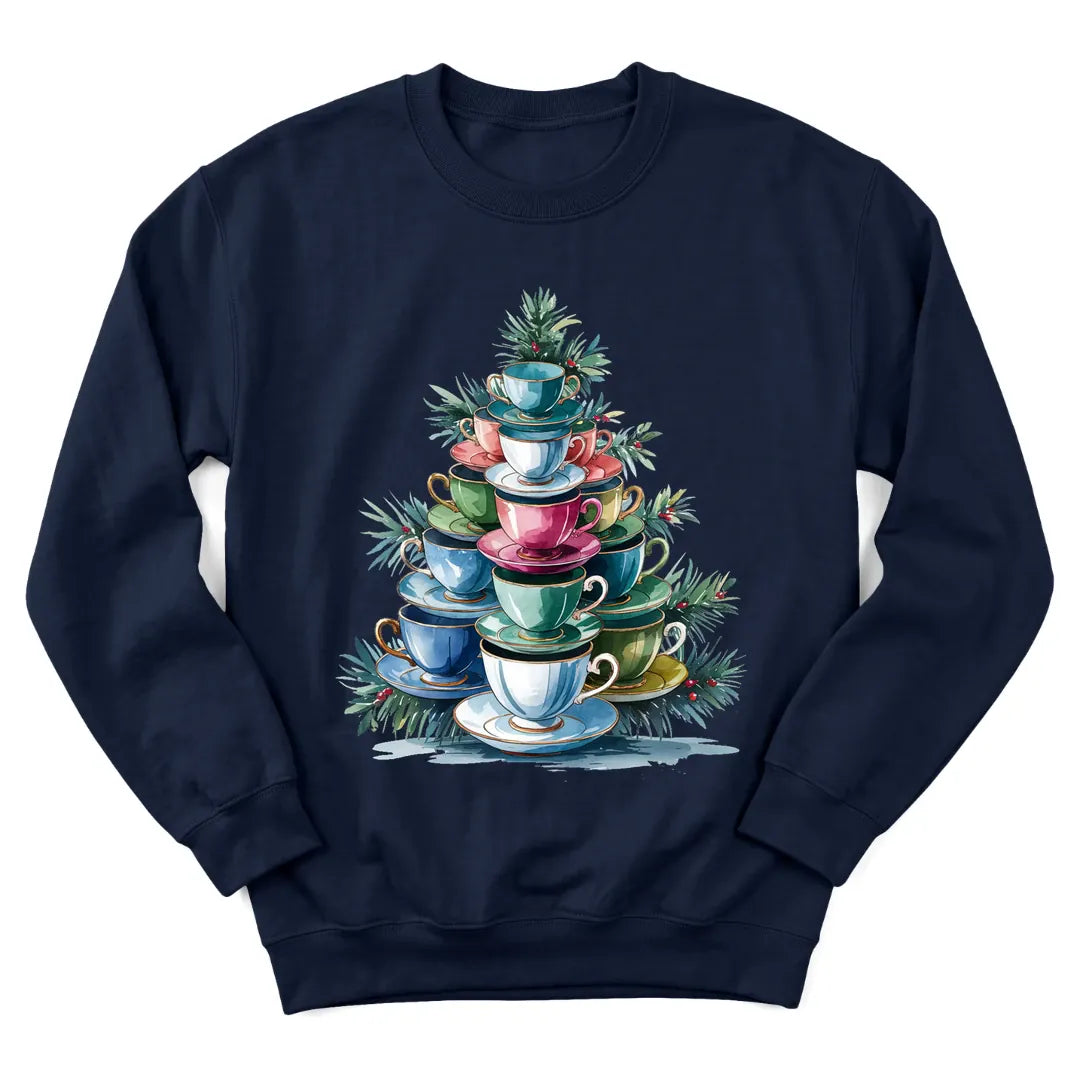 Christmas teacup tree sweatshirt with stacked teacups shaped like a tree - Navy