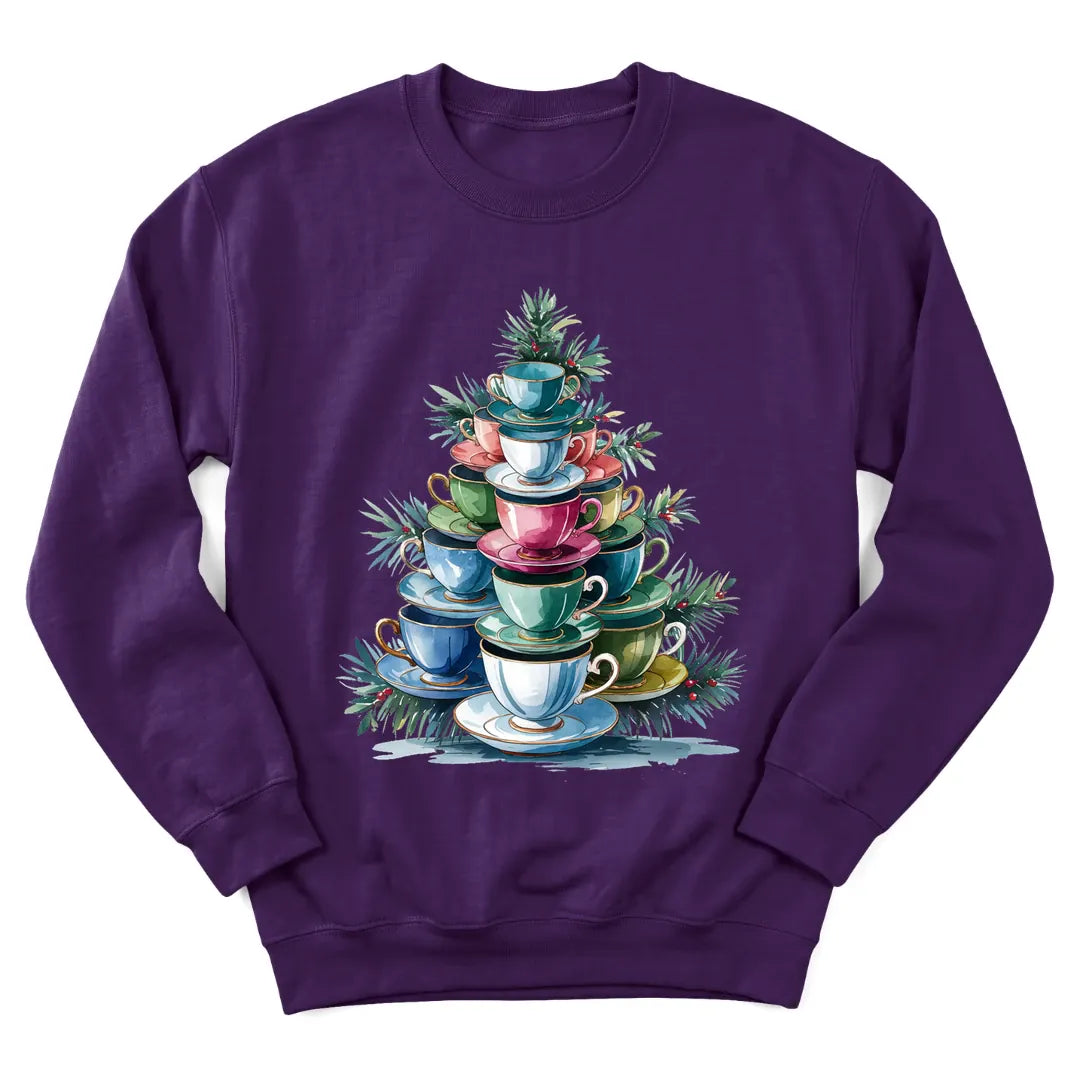 Christmas teacup tree sweatshirt with stacked teacups shaped like a tree - Purple