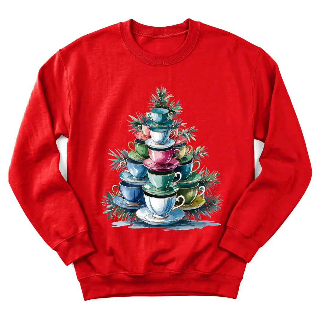 Christmas teacup tree sweatshirt with stacked teacups shaped like a tree - Red