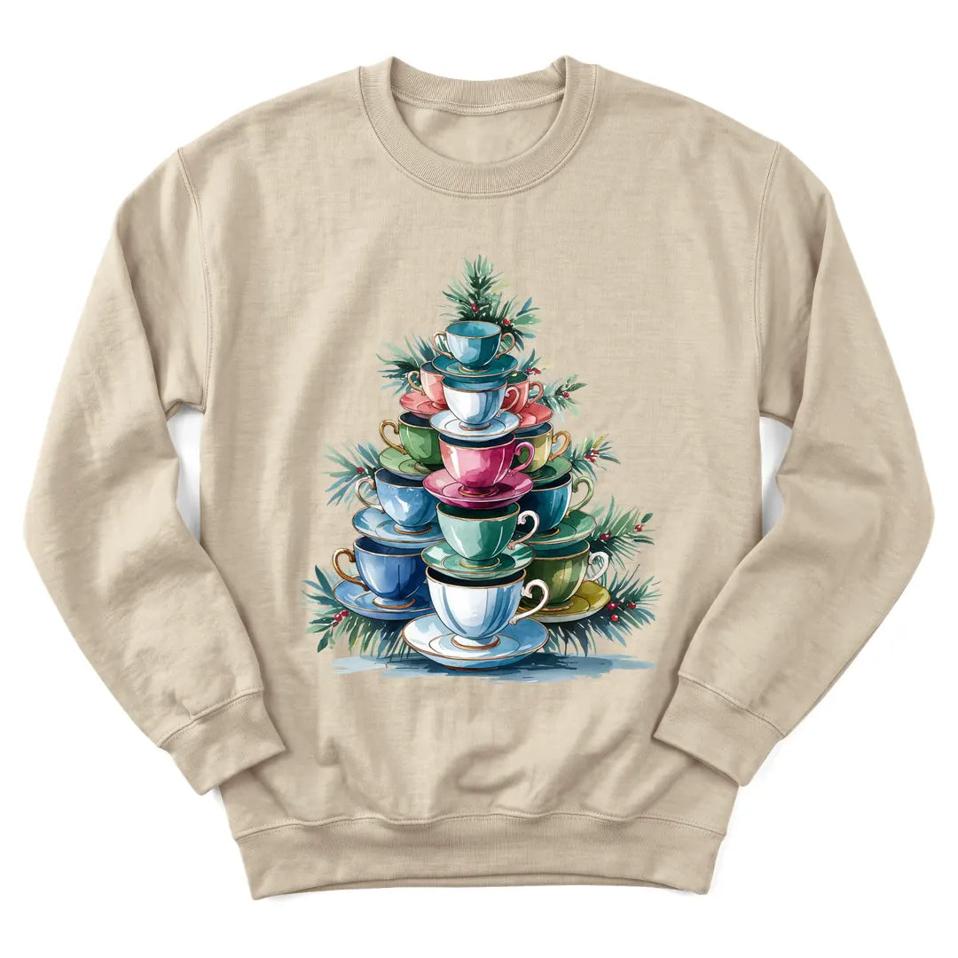 Christmas teacup tree sweatshirt with stacked teacups shaped like a tree - Sand