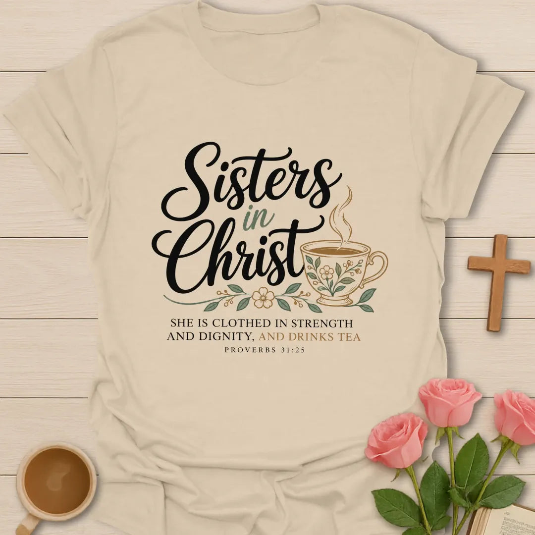 Sisters In Christ t-shirt with script lettering, a floral teacup and Proverbs 31:25 She Is Clothed In Strength And Dignity, And Drinks Tea - Sand