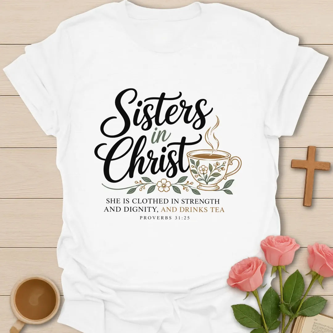 Sisters In Christ t-shirt with script lettering, a floral teacup and Proverbs 31:25 She Is Clothed In Strength And Dignity, And Drinks Tea - White