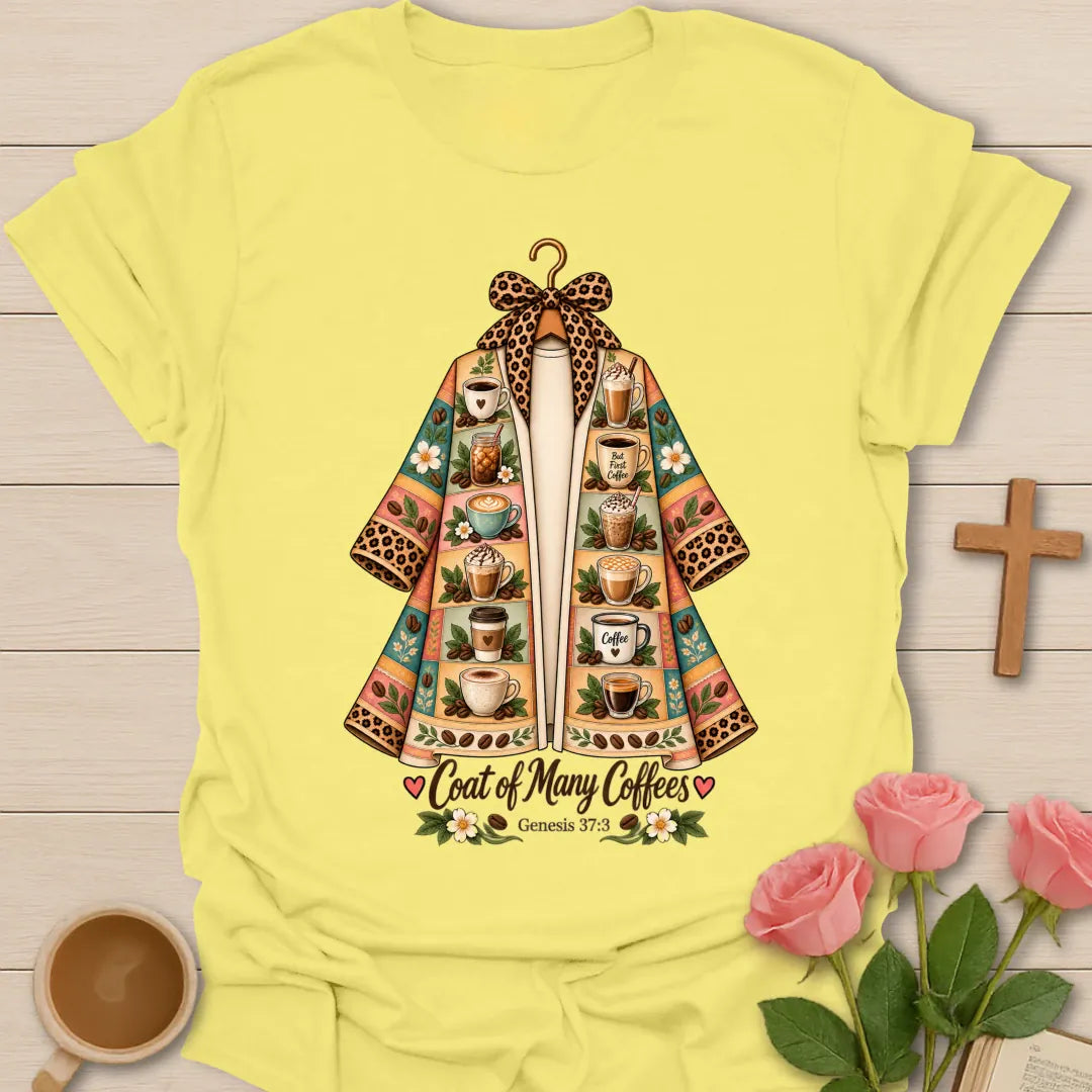 Coat of Coffees t-shirt with colorful coffee cup artwork and faith-inspired design - Cornsilk