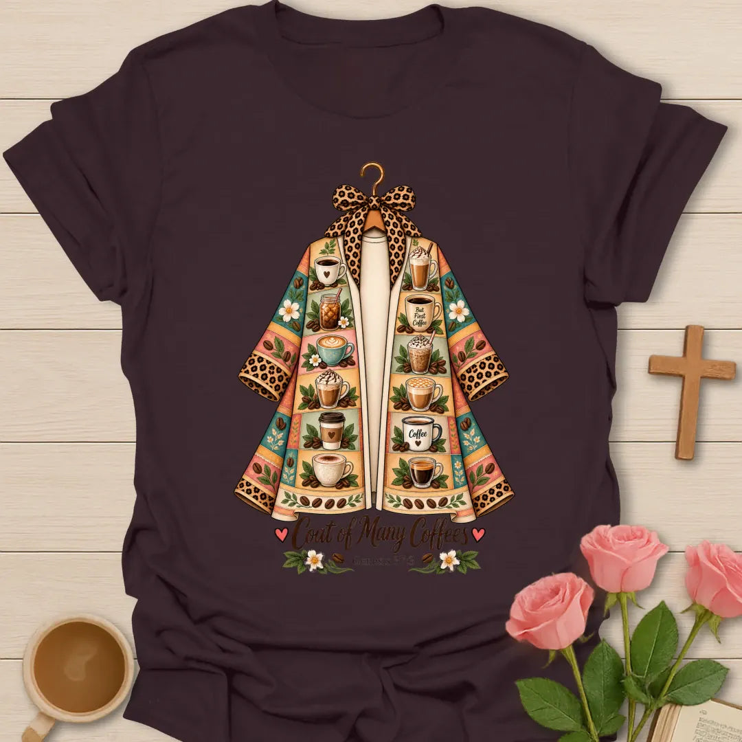 Coat of Coffees t-shirt with colorful coffee cup artwork and faith-inspired design - Dark Chocolate