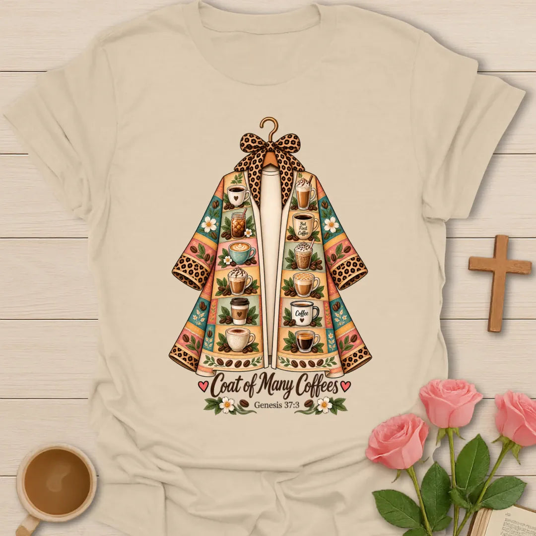 Coat of Coffees t-shirt with colorful coffee cup artwork and faith-inspired design - Sand