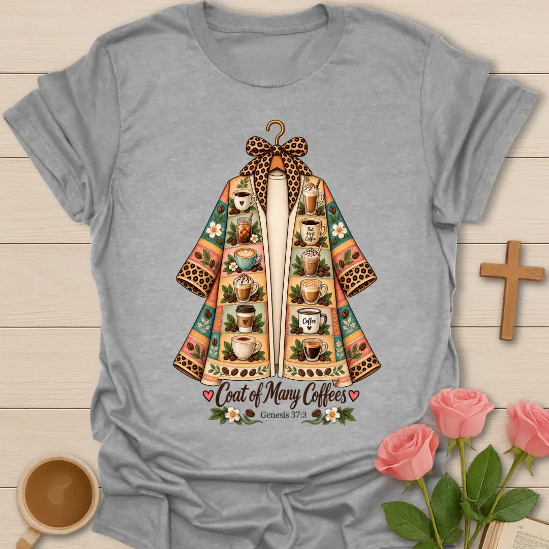 Coat of Coffees t-shirt with colorful coffee cup artwork and faith-inspired design - Sport Grey