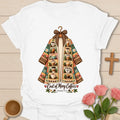 Coat of Coffees t-shirt with colorful coffee cup artwork and faith-inspired design - White