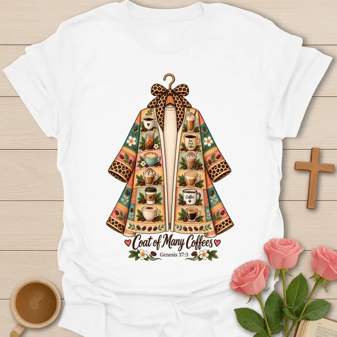 Coat of Coffees t-shirt with colorful coffee cup artwork and faith-inspired design - White