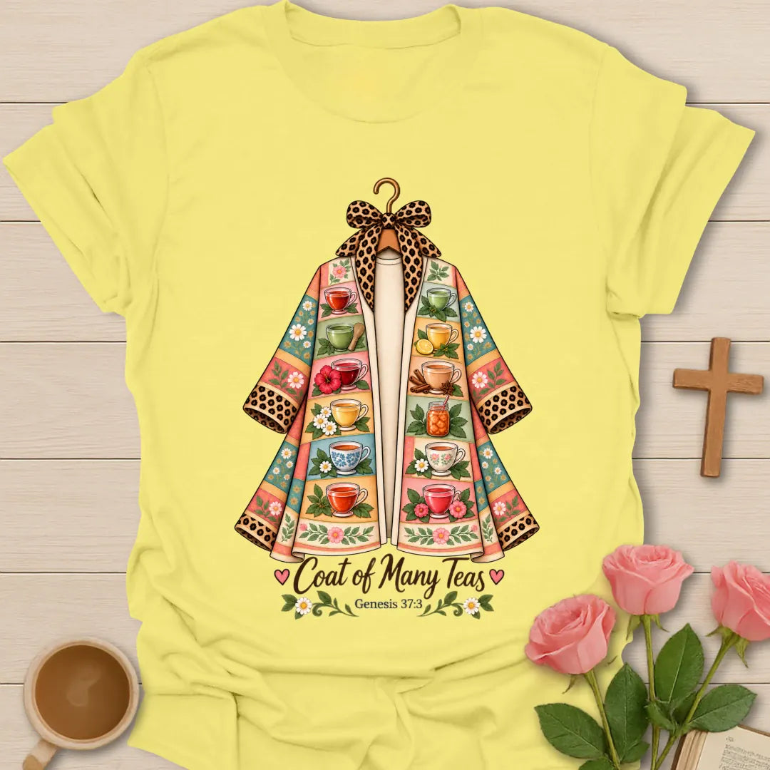 Coat Of Teas t-shirt with colorful tea cup artwork and faith-inspired design - Cornsilk