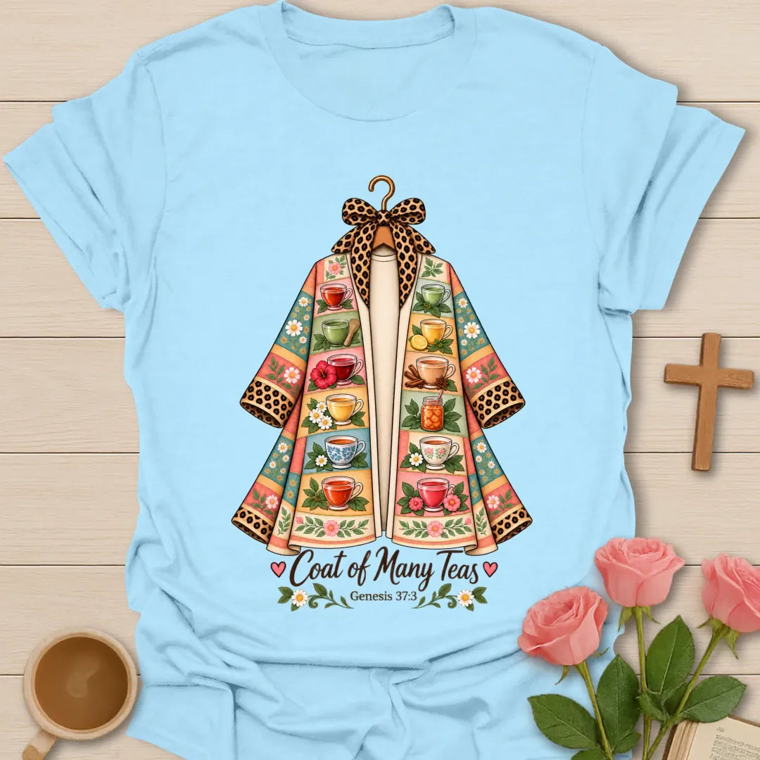 Coat Of Teas t-shirt with colorful tea cup artwork and faith-inspired design - Light Blue