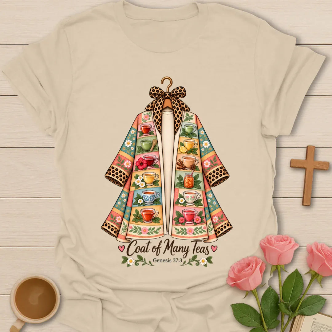 Coat Of Teas t-shirt with colorful tea cup artwork and faith-inspired design - Sand