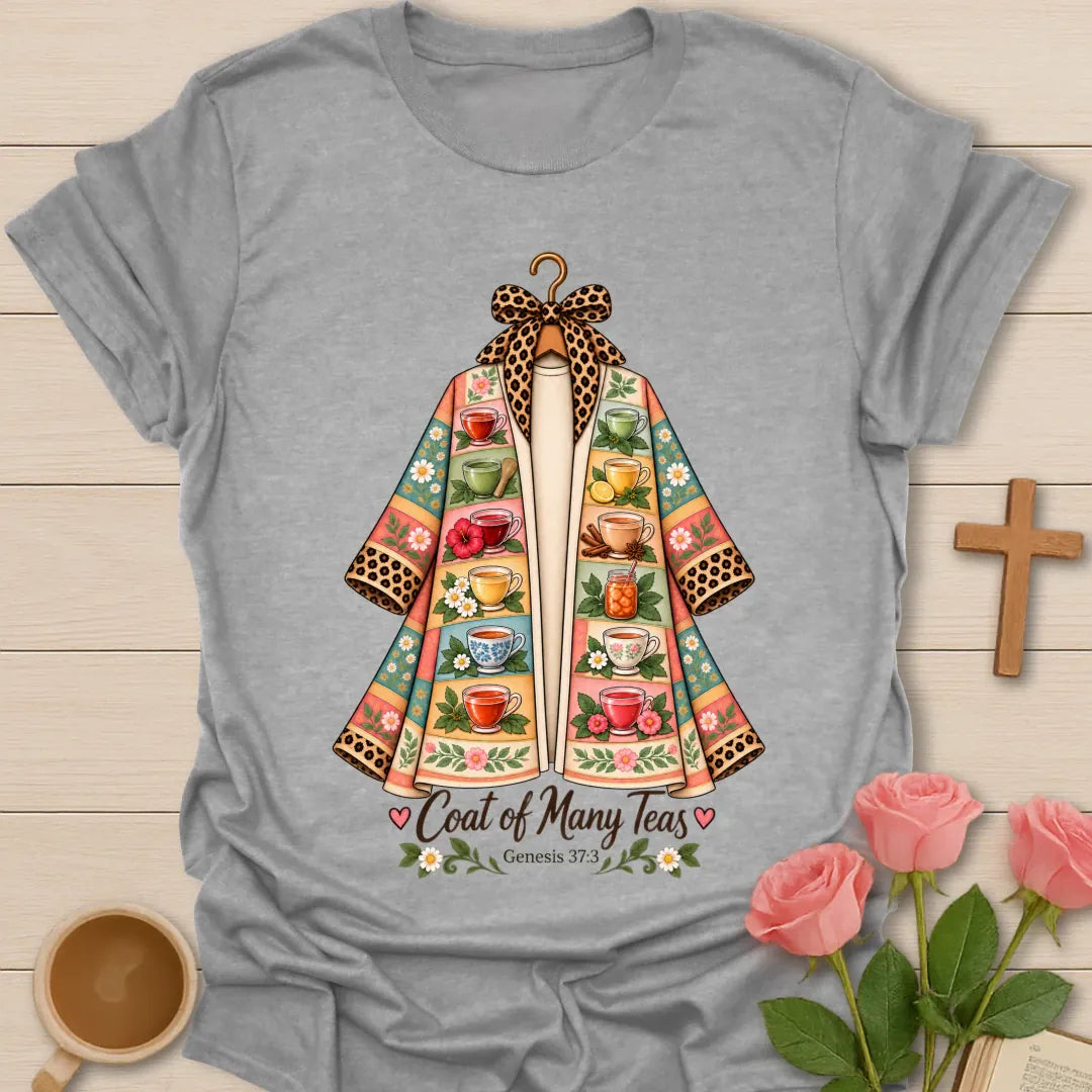 Coat Of Teas t-shirt with colorful tea cup artwork and faith-inspired design - Sport Grey