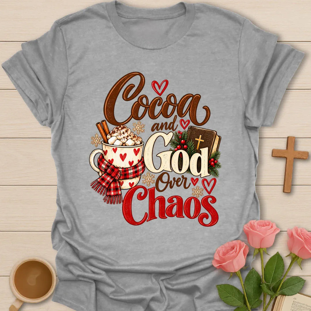 Cocoa Over Chaos Christian t-shirt with cozy faith-inspired lettering - Sport Grey